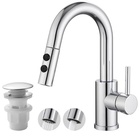 Vuadzren Wasserhahn Bad mit Ablaufgarnitur, 2 Strahlarten ausziehbare Waschtischarmatur, Waschtisch Armatur Waschbecken, Einhebelmischer Badarmatur für Badezimmer(chrom)