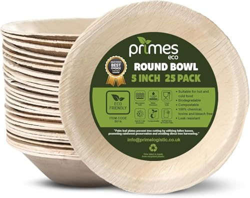 PRIMES ECO 100 PC Disposable Palm Leaf Round Bowls | Eco Friendly Biodegradable Compostable Soup, Salad, Pasta, Dessert Bowls | Sturdy Disposable Palm Leaf Tableware for Party and Catering (5 INCH)