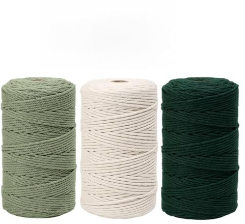 KINDPMA Makramee Garn 3er Set 3mm x 200m Weiche Baumwollgarn Macrame Garn Baumwollkordel für DIY Projekte, Boho Deko, Wandbehang, Traumfänger, Blumenampel(Dunkelgrün+Hellgrün+Beige)