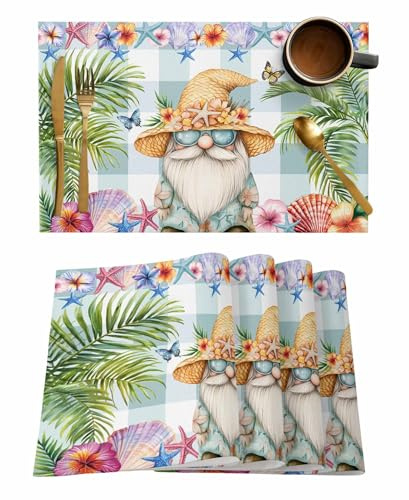 Placemats Set of 12, Tropical Coastal Table Mats Vintage Dwarf Shell Starfish Butterfly Palm Tree Heatproof Non-Slip Washable Placemat for Kitchen Party Dining Table Decor,13x19 Inch,