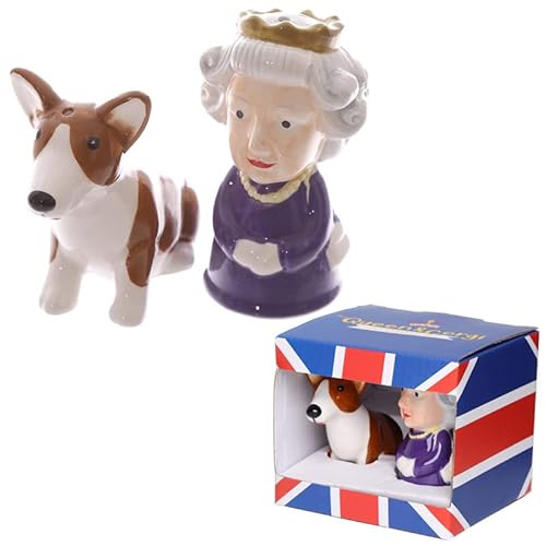 Puckator Queen & Corgi Salz- und Pfefferstreuer-Set aus Keramik, nachfüllbar, Salz- und Pfefferstreuer, Menage-Set, Topf UK, Schwarz, Weiß, Rosa, Küchenzubehör-Set, Spendermühle, Mühlen