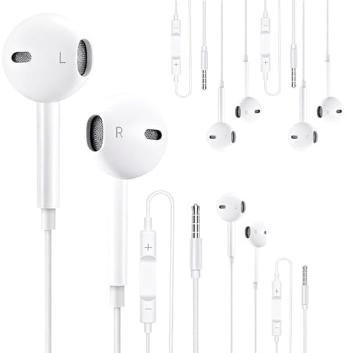 4 Pack Écouteurs filaires Intra Auriculaires avec Microphone et Contrôle du Volume, Prise Jack 3,5 mm, Son Stéréo de Haute Qualité, Compatible avec iPhone, Samsung - pour Sport, Blanc