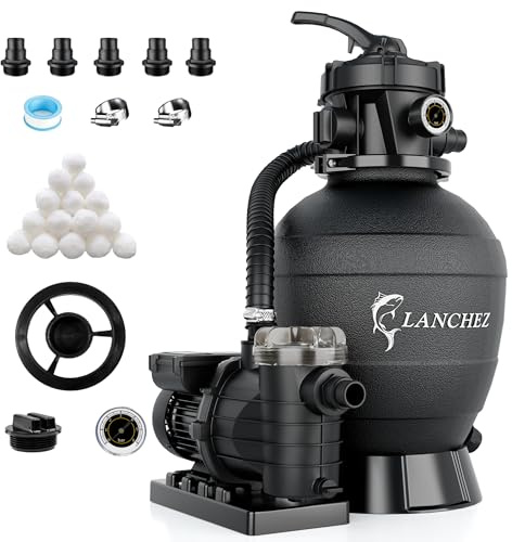 LANCHEZ Sandfilteranlage 15.000 L/h, 7-Wege-Ventil, 24h Zeitschaltuhr, 200g Filterbälle, Sandfilterkessel für Pool, Vorfilter, Tankvolumen Maximal 25 kg Sand, 2in1 Adapter Ø32mm-38mm