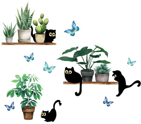 FUFUQUARE Adesivi Murali Gatto Nero Piante Verdi Sticker da Muro Gatti Farfalle Blu Decorazione Parete Moderna Removibile per Soggiorno Camera da Letto Ufficio Cameretta Bambini