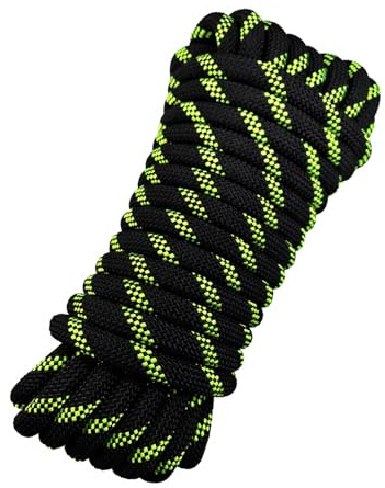 HUtzpah Statisches Kletterseil 8mm 20m Schwarz mit geringer Dehnung | Hochwertiges Nylon bis 1700 kg Tragkraft, leuchtgrüne Muster, robust für Notfälle, Camping, Wandern, Angeln und Rettung
