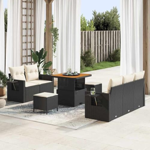 Frdhee Juego de muebles de balcón, sofá de jardín con cojín con almacenamiento, 8 unidades, color negro y crema, grupo de banco de esquina para balcón, terraza, patio trasero