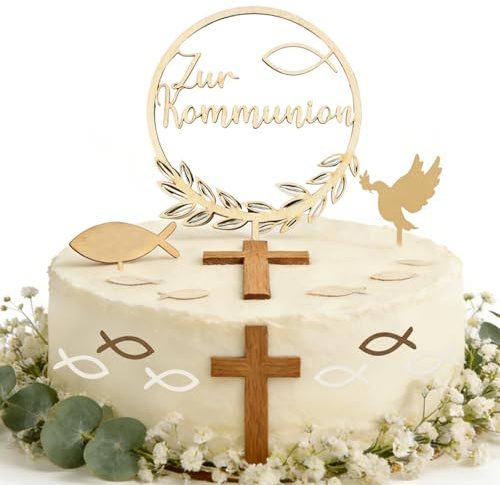 Tortendeko Kommunion aus Holz – Meine Kommunion Cake Topper mit Fisch & Kreuz, 37 Holzfische Streudeko für Tischdeko & Kuchen, Kommunion Dekoration für Jungen und Mädchen