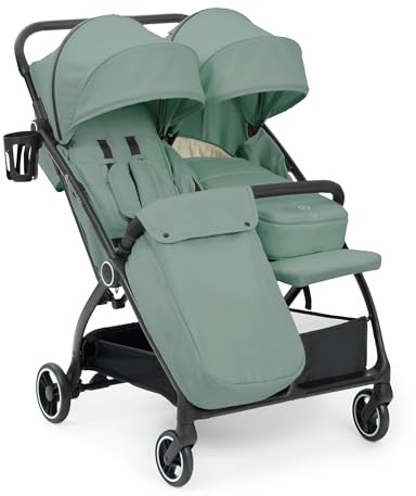 Ickle Bubba Aries Double Prime - Cochecito plegable automático (verde salvia) – Cochecito doble ligero de 10,5 kg, plegable con una sola mano, asientos ajustables, cubierta de lluvia, calentadores de
