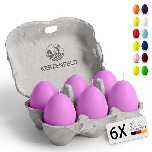 Bunte Eierkerzen 6 Stück, 60 x 45mm hochwertige Osterdeko - Ostereier Kerzen mit 7+ Stunden brenndauer, Made in Germany - Unparfümiert und RAL-Zertifiziert (Pastell Lila)