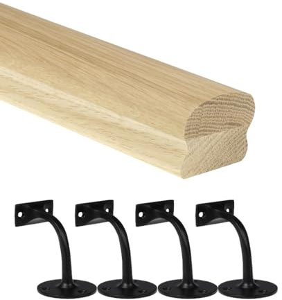 Jackson Woodturners Oak Cottage Loaf Handrail Kit 66x45mm Engineered Oak with Black Wall Brackets – Various Lengths 1800mm 2400mm 3600mm 4200mm (3600mm + 4 Wall Brackets)