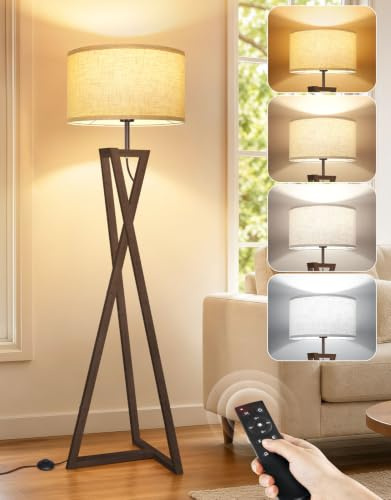 OUTON Stehlampe Holz Modern mit Fernbedienung, Dimmbar, Wohnzimmer, Schwarz | 3000K-6500K LED, Leinen Lampenschirm, Massivholz, 1100LM, Fußschalter, Timer, Smart Home kompatibel