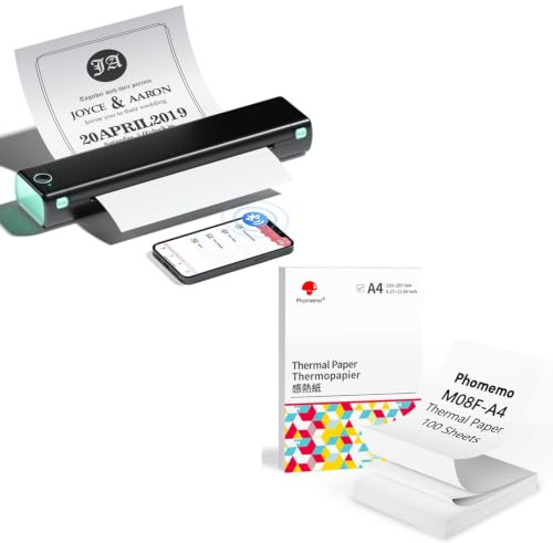 Phomemo M08F A4 Tragbarer Drucker Schwarz Grün mit 110 Blatt Gefaltetem A4 Thermopapier, kabelloser Bluetooth Mobildrucker für Reisen, Auto, Büro und Zuhause