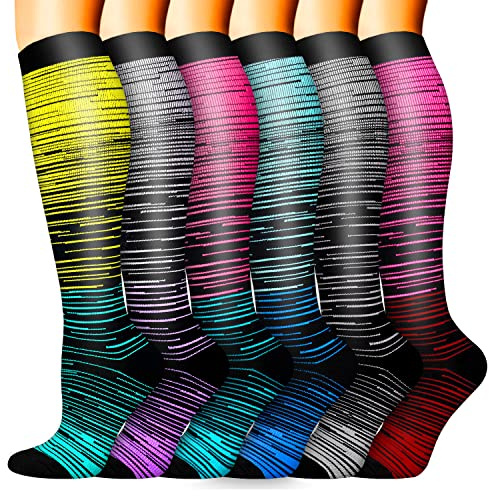 Sooverki Compression Socks 6 Pairs is Best Supportive Knee High Socks for Foot Cycling Leg Warmers Sports Colorful Yellow Red Pink Blue Stylish Striped