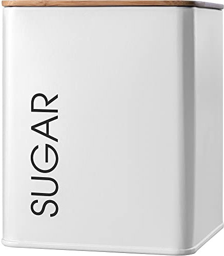 KADAX Boîte de Rangement en Acier Revêtu de Poudre avec Couvercle en Bois pour Thé, Café, Sucre et Autres Ingrédients Essentiels de la Cuisine (Sugar, Blanc)