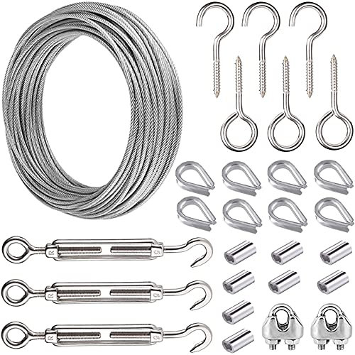 15m Garden Pergola Kit, Heavy Duty Picture Hanging Fencing, Stainless Steel Cable Railing Metal Rope Clamps Sleeves Hooks Turnbuckle Wire Tensioner Trellis For Climbing Plants (28pcs)