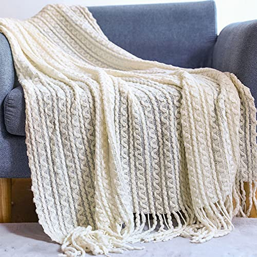 Zoomlie Acryl-Strickdecke mit Fransen, Quasten, grau, schlicht, modisch, einfarbig, Textur, luxuriöse Decke für Sofas, Couch, Stühle, Reise, Sofa, Bett (Beige, 125 x 220 cm + 15 cm Quaste)