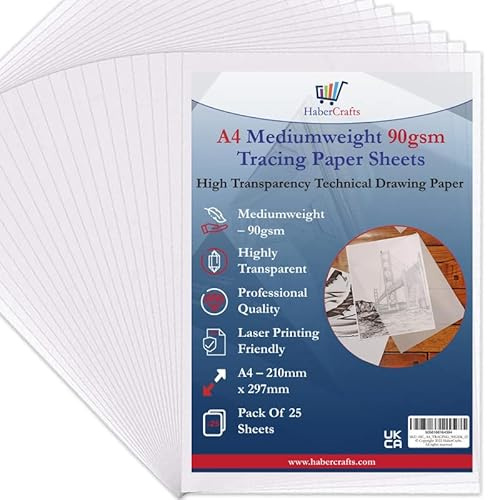 Transparentpapier, A4, 90 g/m², bedruckbar, säurefrei, hohe Transparenz, technisches Zeichenpapier für Zeichnen, Skizzieren, Schneidern, 210 x 297 mm (A4-Größe, 90 g/m², mittelschwer, 50 Blatt)