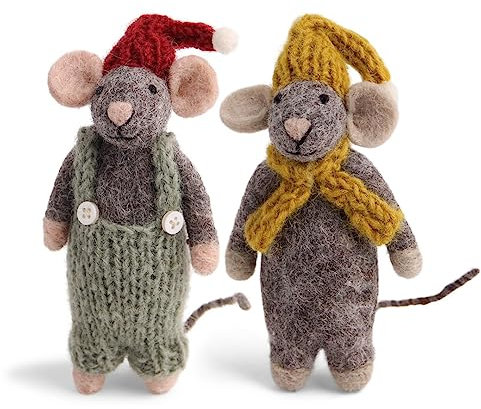 Gry & SIF Mäuse aus Filz | Handgemachter Christbaum-Anhänger, Weihnachts-Deko, Deko-Figur, Geschenk-Idee, Fairtrade I grau 15 cm, grüne Hose und gelber Schal