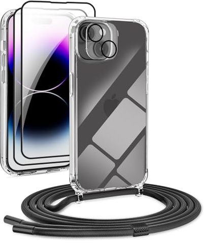 [5 in 1] 1*Handykette Set für iPhone 13 6.1 Hülle mit Band + 1*Transparent Schutzhülle+2*Schutzfolie+1*kameraschutz Glas, Abnehmbar Necklace Stylische Handyhülle zum Umhängen Kordel Case (Schwarz)