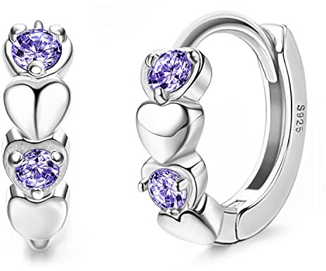 JeweBella 925 Sterling Silber Kleine Creolen Herz für Damen Mädchen Bunt Zirkonia Hypoallergen Sleeper Knorpel Ohrringe - Rosa Lila Blau Weiß für Kinder Frauen