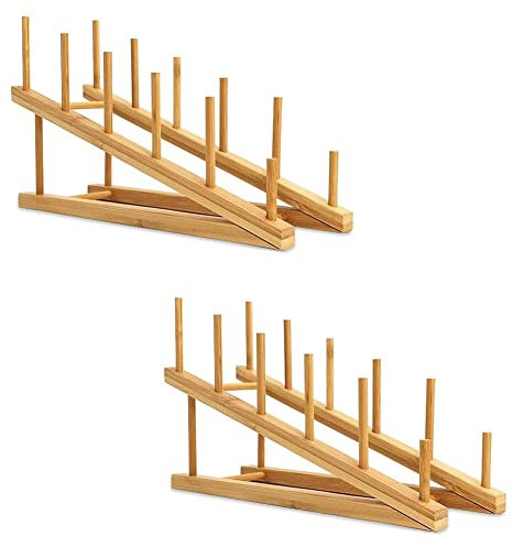 ANTIOCH 2 PCS Wooden Dish Rack Plate Rack Stand Pot Lid Holder, Dish Drying Rack Kitchen Cabinet for Dish Plate