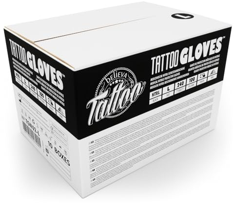 believa Tattoo Guantes desechables de nitrilo, color negro, caja de 1000 unidades (10 x 100 unidades), sin látex ni polvo, talla L