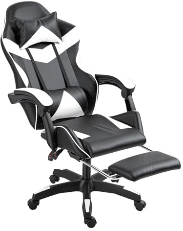 Panana Gaming Racing Desk Chair Adjustable Hight Swivel Chair with Lumbar and Head Pillow (White)