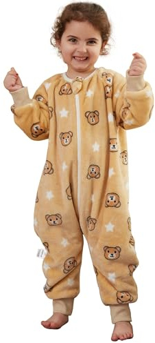 COOKY.D Unisex Flanell-Langarmschlafsack mit Beinen Dreifach-Reißverschluss Braun,4-5 Jahre