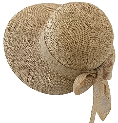 Stroh Damen Hut Strand Sonnenhut UV Schutz Strohhut Frauen Sommer Strandhut mit Schleife Atmungsaktiv Sommerhut Outdoor Sun Visor Hüte Krempe Schlapphut Schirm Verstellbar Outdoorhut für Urlaub