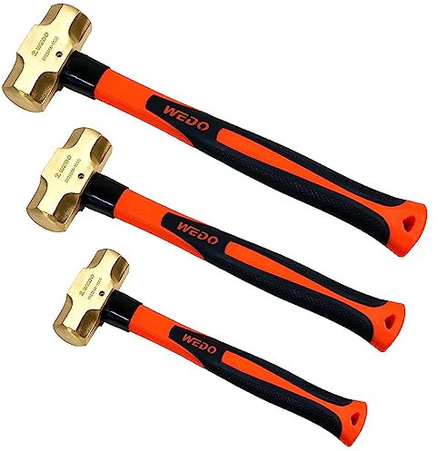 WEDO 3PCS Brass Sledge Hammer Set,900g+1350g+1800g,Fiberglass Handle,Non-Magnetic,Die-Forged,Corrosion Resistant, DIN Standard