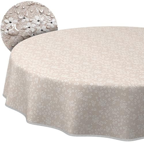 ANRO Tischdecke abwaschbar Violen Beige mit Saum rund Ø 140 cm In-/Outdoor | mit Saum eingefasst – Tischwäsche aus beschichtetem Stoff – schmutz- & wasserabweisend, pflegeleicht – waschbar bei 30 °C