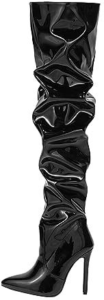 blingqueen Damen Schlupfstiefel Overknee Spitze Stiefel Stiletto Lack Schwarz 44 EU