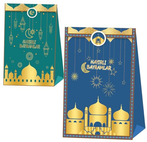 BAYRAM DEKO, Bayram Tüten, HAYIRLI BAYRAMLAR, Eid Mubarak Dekoration, 10x Geschenktüten in Blau und Grün, Eid Tüten, Eid Mubarak Dekoration, Bayram Mübarek Deko