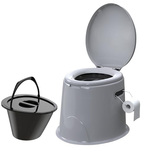 Large 5L Compact Portable Toilet Potty Loo with Seat Washable Basket and Toilet Roll Holder Lightweight Camping Loo, Camping WC for Pool Party Camping Caravan Picnic & Festivals Outdoor Grey