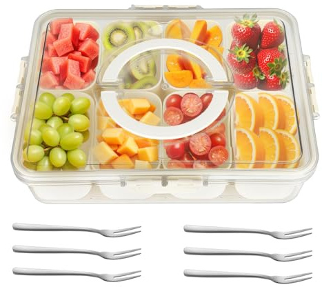 UCAMP Snackbox mit Fächern,Snackschale mit Deckel und Griff,Snackteller Mit 8 FäChern und Griff Wiederverwendbar,Snacktablett Organizer für SüßIgkeiten Candy Veggie Keks Nüsse Desserts Obst