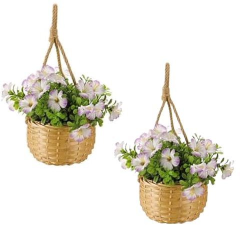 Garden Mile Set of 2 Purple Artificial Hanging Baskets Outdoor Weatherproof Plastic Flowers For Indoors Or Artificial Plants Outdoor Perfect Artificial Flowers For Decoration Fake Garden Plants