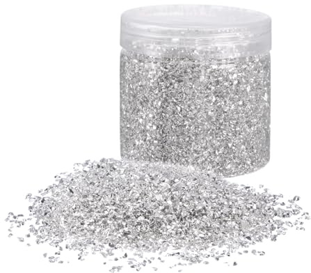 sourcing map 454g Crushed Glass Chips 3-6mm Shiny Electroplating Irregular Broken Sprinkles Chunky Glass for Crafts DIY Resin Art Decoration Vase Filler, Silver Tone