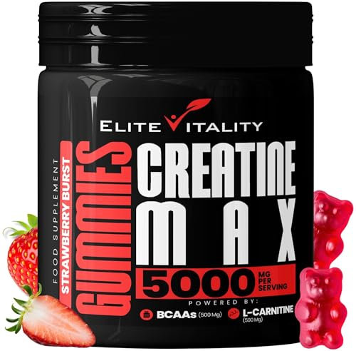 Creatine Monohydrate 90 Gummies 5000mg + BCAAs & L-Carnitine – 3rd Party Lab Tested, Vegan, Sugar-Free, Pre Workout Muscle Growth & Recovery Gym Supplement for Men & Women – Strawberry Burst