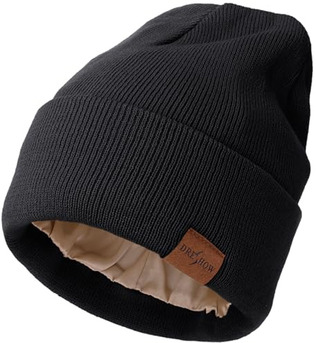DRESHOW Berretto Invernale da Donna Cappello Caldo Beanie Morbida Comoda in Maglia in Raso Inverno All'aperto Cappelli con Polsino in Elasticizzata con Fodera