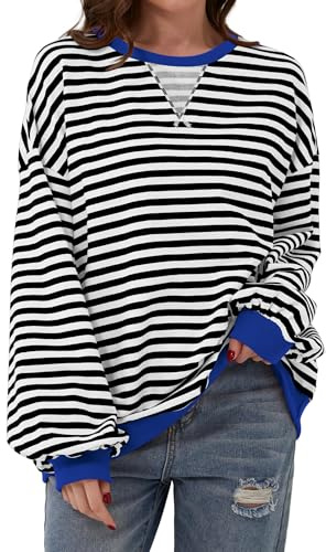 DUOEASE Jersey Mujer Manga Larga Sudadera Sin Capucha Camiseta Oversize Top | Suave, elástico, transpirable, Cuello Redondo, Rayas, corte holgado, Casual, la oficina, otoño/invierno