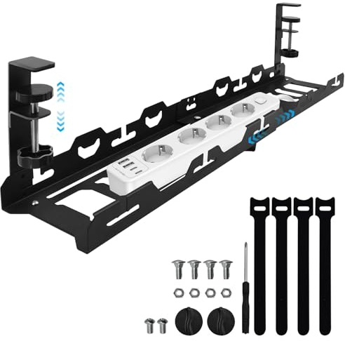 YTACREA Kabelkanal Schreibtisch Ohne Bohren, Einziehbarer 40-74cm Kabelmanagement Unter Schreibtisch, Metall Kabelkorb Cable Management Kabel Organizer (Schwarz)