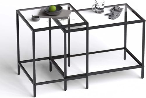 Huhote Nesting Tables, Set of 2 End Table, Coffee Tables, Side Table with Metal Frame for Living Room/Bedroom/Balcony/Office/Apartment, Diameter 60/40 cm (Black Frame, Glass Top)
