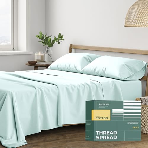 THREAD SPREAD 100% Organic Cotton Sheets Full Size - 4 PC Organic Cotton Full Percale Weave Sheet Set, Soft, Cooling, Crisp & Breathable, 16 Deep Pocket Hotel Quality Bedding Set - Sea Foam