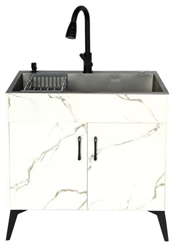Lavandino da Esterno in Acciaio Inox,Lavello Cucina con Mobile,Mobiletto Bagno con Rubinetto,Scarico,Lavatoio da Giardino,Lavabo di Utilità per Interno,Lavanderia,Ristorante,Bar,Caffè,Garage(White,60x