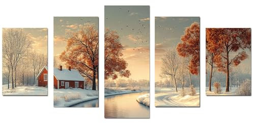 TODOAA 5 pezzi Paesaggio invernale Quadro Stampa su Tela in XXL Grande, Poster invernale capanna sull'albero Quadri Moderni Camera Letto Matrimoniale - Stampe Parete Arte - 75x150cm Non incorniciato