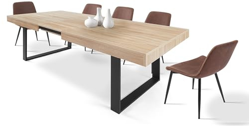 CASABEL Table à Manger Extensible avec Rallonge, Plateau de 160 à 200 cm, Grande Capacité, 6 à 8 Personnes, Pieds en métal, Salle à Manger et Cuisine, Style Industriel, Bois Clair et Noir