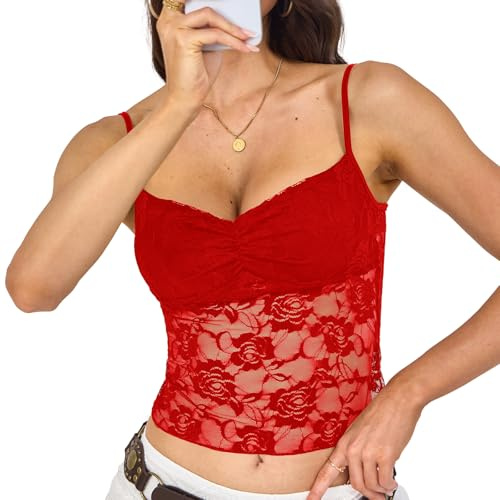 PLIKSUVER Camisetas sin Mangas de Encaje para Mujer, Sexy, Y2K, Camisola Corta sin Mangas, Top de Encaje, Camisetas sin Mangas (FR/ES, Letras, L, Regular, Regular, Rojo)