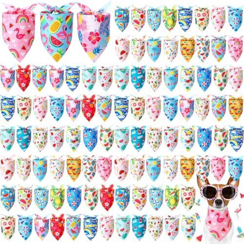 Preboun 100 Pieces Summer Bandanas for Dogs Bulk Hawaiian Dog Bandanas Fruit Kerchief Set for Summer Puppy Small Medium Large Pets Costume Accessories