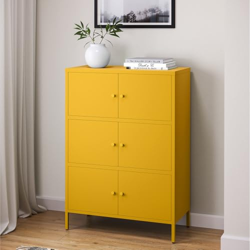 skølm Atriona Kommode 80 cm, mit 3 Fächern, Senfgelb, Sideboard mit 6 Türen | Metallschrank, Kleiner Mehrzweckschrank breit, höhenverstellbare Füße, Aufbewahrungsschrank, Wohnzimmerschrank, Flurschrank
