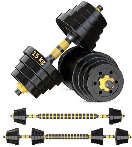 Reformor Kurzhanteln Verstellbar - 15 kg Hantel Set, Dumbbell Set mit Schraubverschlüssen, Langhantel & Gewichten, Multifunktionell Hanteln set, Gelb